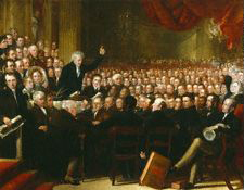 Oil painting of William Smeal addressing the Anti-Slavery Society at their annual convention